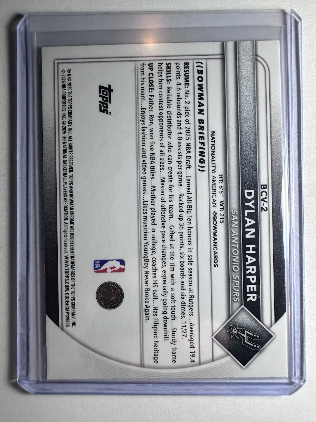 2025-26 Bowman Basketball #BCV-2 Dylan Harper Blue Shimmer RC Refractor 018/150