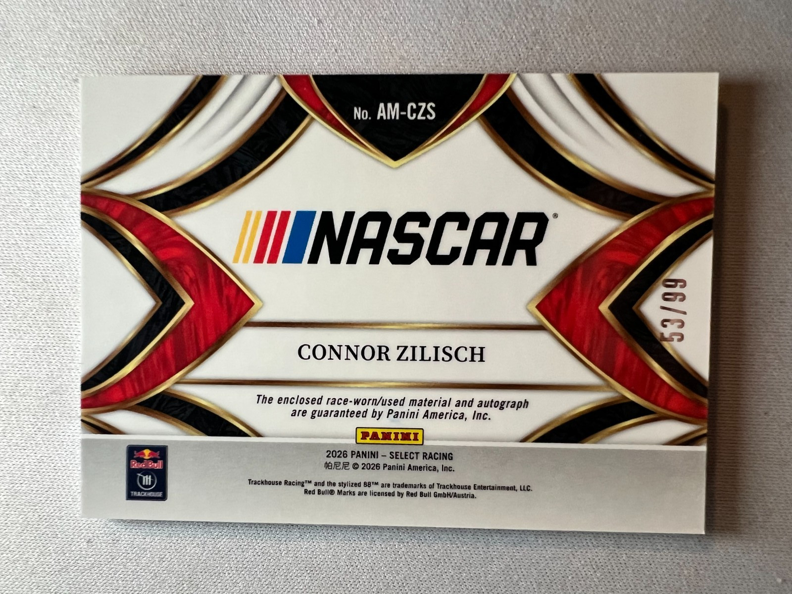 2026 Panini Select Racing CONNOR ZILISCH Autographed Memorabilia SP #/99 #AM-CZS