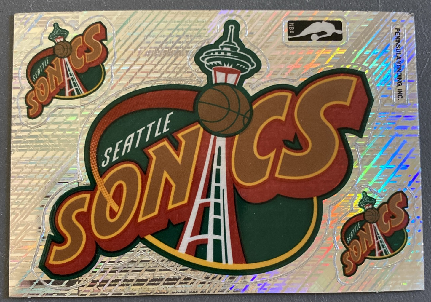1999 Prism PVI VENDING MACHINE STICKER – NBA Seattle Sonics Basketball 3” X 2”