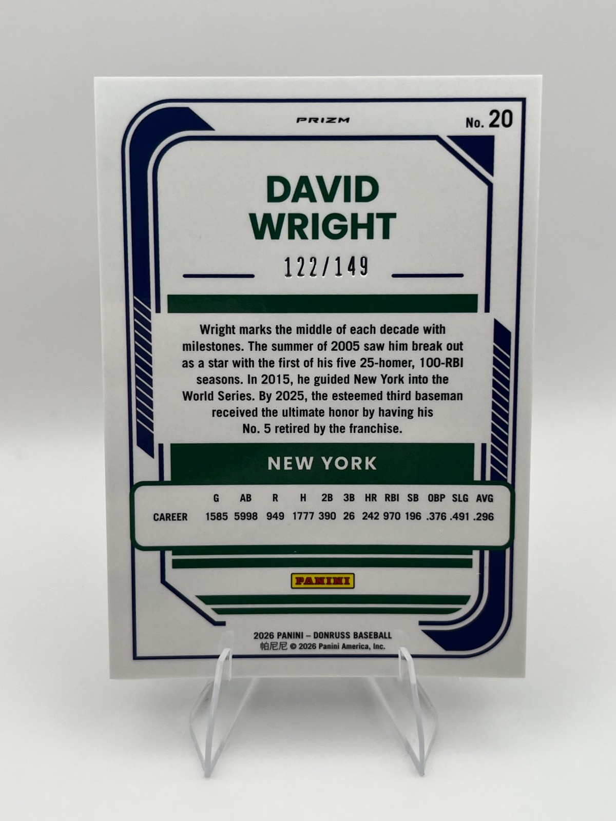2026 Panini Donruss David Wright #20 Optic Lime Green /149 Mets