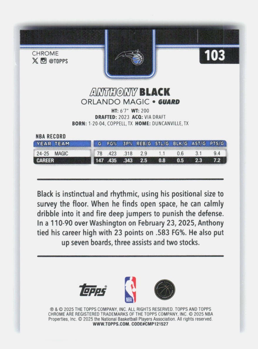 2025-26 Topps Chrome Blue X-Fractors #103 Anthony Black