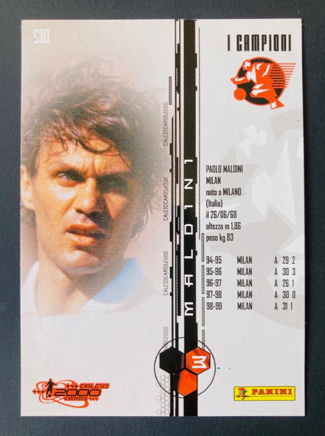1999-00 Panini Calcio cards 2000 Campioni C10 Paolo Maldini AC Milan foil card