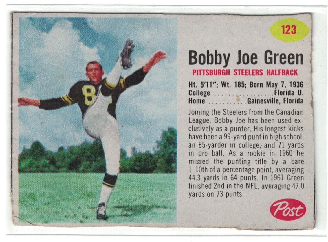 1962 Post #123, Bobby Joe Green, Pittsburgh Steelers, a Crease