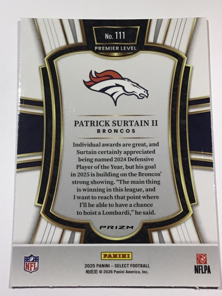 Patrick Surtain II 2025 Panini Select #111 Premier Red & Blue Prizm Shock