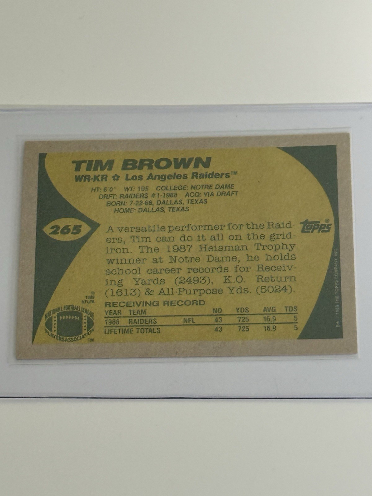 1989 Topps – Tim Brown #265 (RC) Los Angeles Raiders