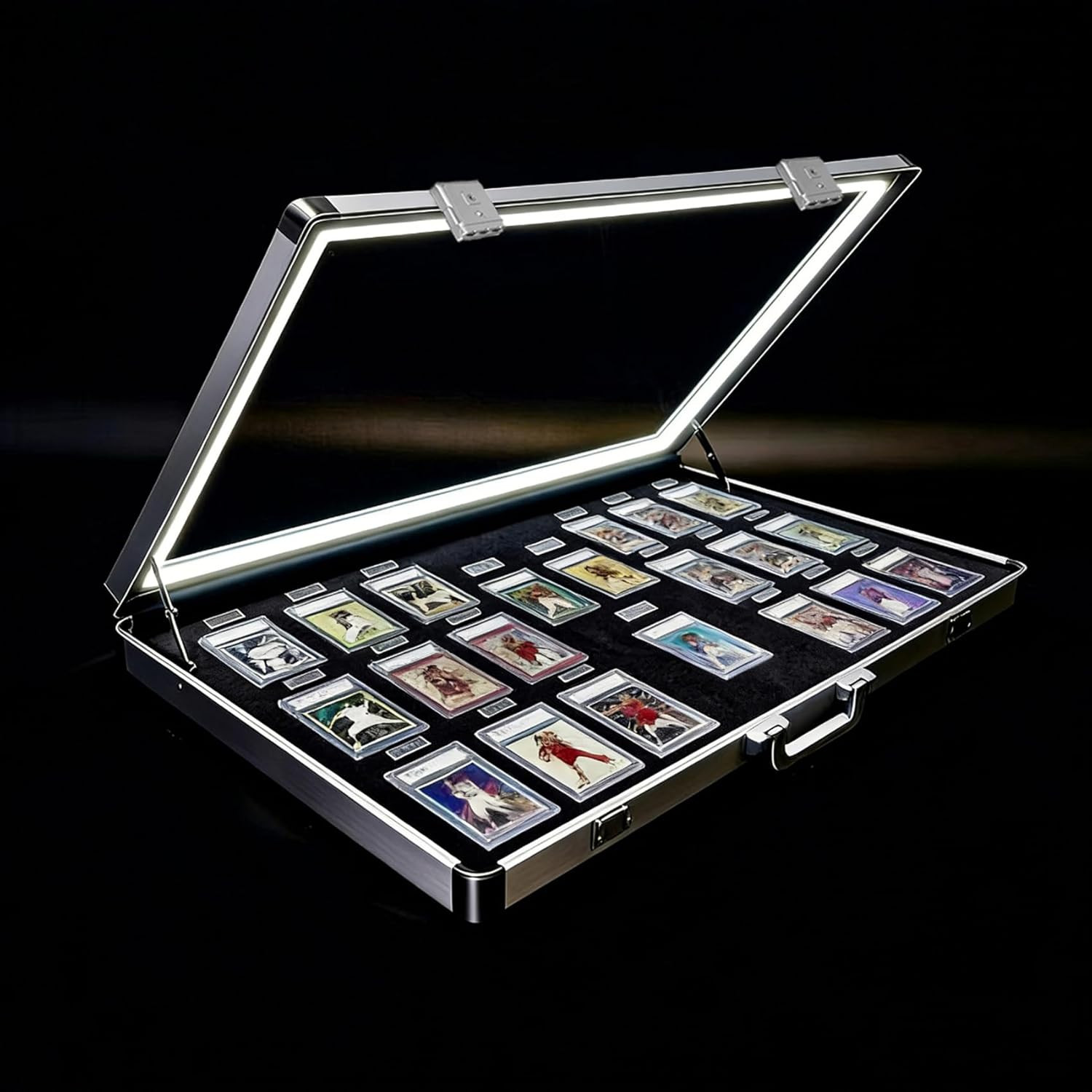 Large Lockable Aluminum Display Case with LED Lights for Trading Cards