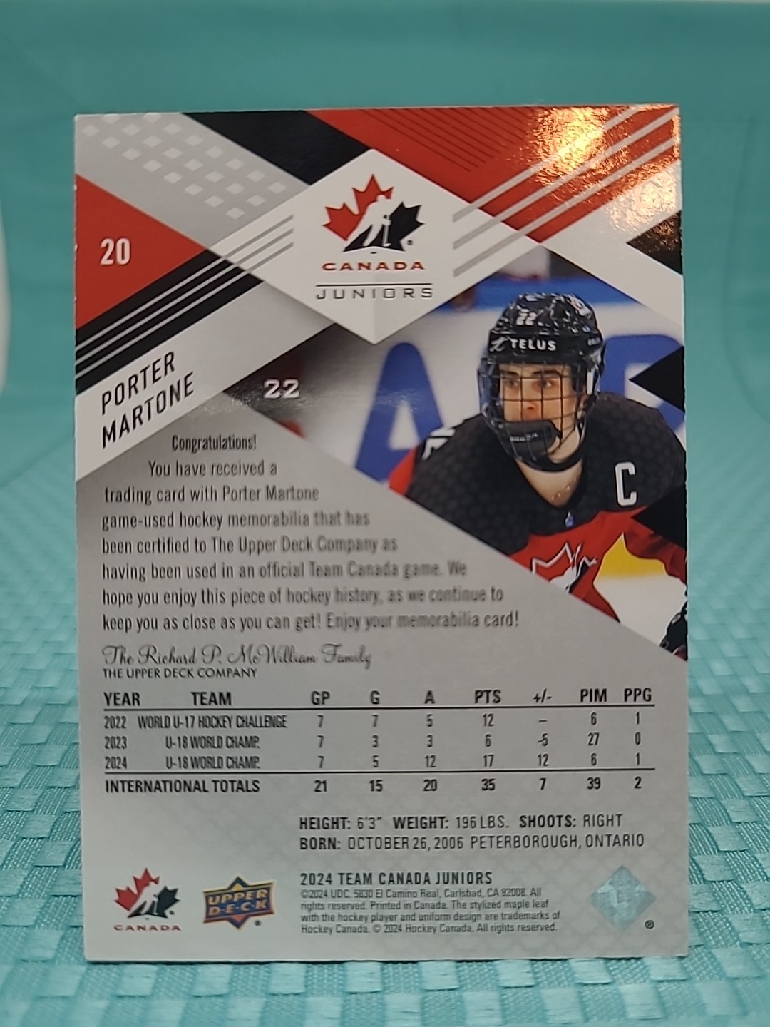 2024 Upper Deck Team Canada Juniors Porter Martone PRC #20 Jersey Parallel