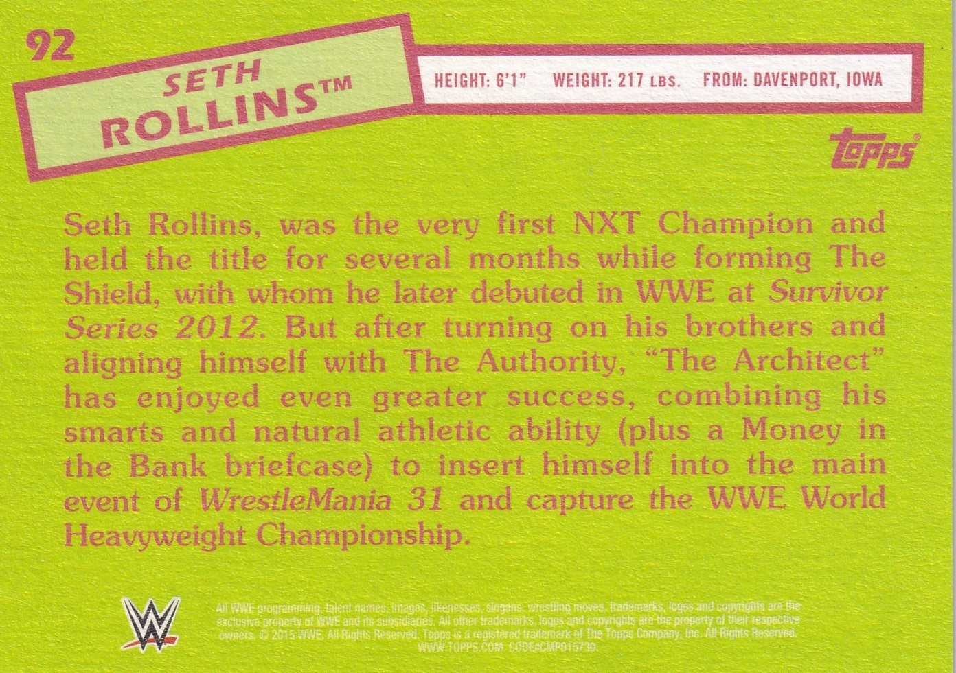 Seth Rollins 2015 Topps Heritage WWE Card #92 NXT FCW ROH Wrestlemania Superstar