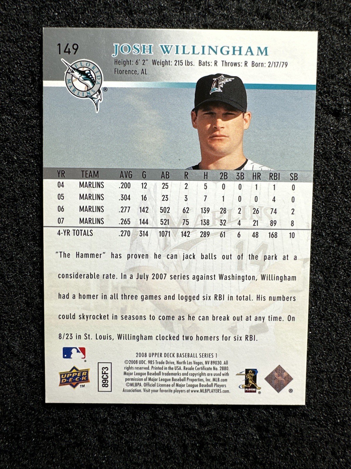 2008 Upper Deck JOSH WILLINGHAM #149 Florida Marlins (Buy 10 get 10 Free)