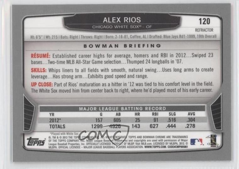 2013 Bowman Chrome Rack Pack Green Refractor Alex Rios #120 2f9