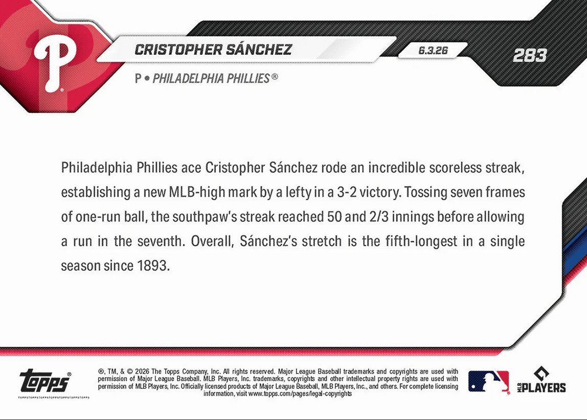 2026 Topps Now Cristopher Sanchez #283 Phillies Baseball Card PRESALE