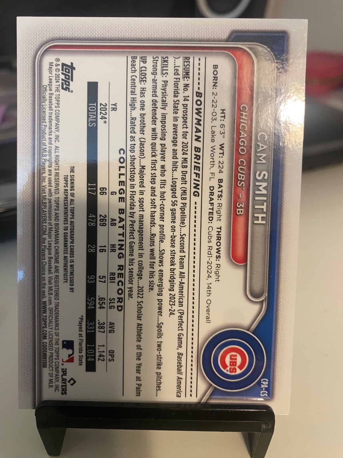 Cam Smith 2024 Bowman Draft #CPA-CS 1st Bowman Blue Wave Auto /150 Cubs