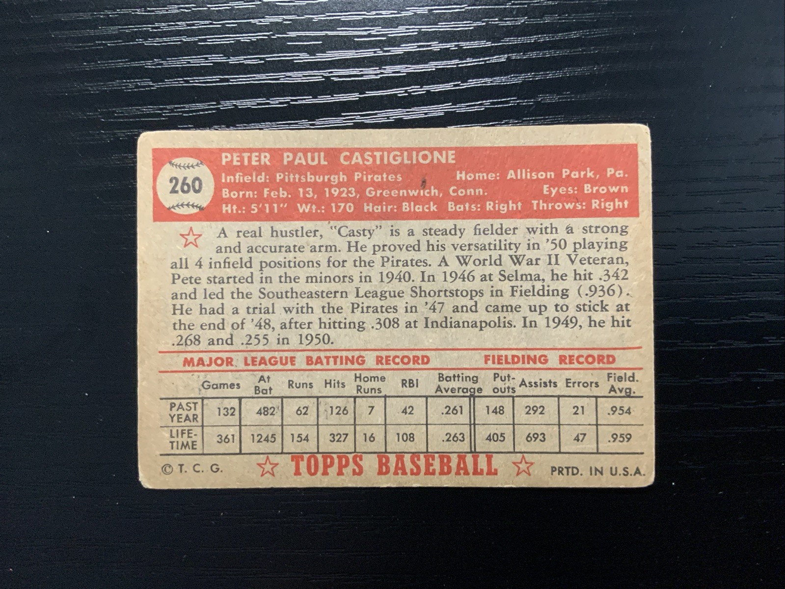 1952 Topps – Semi-High # Pete Castiglione #260 VGX. 359