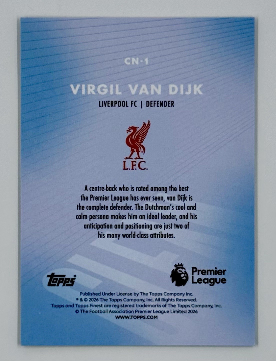 2026 Topps Finest Premier League EPL Virgil Van Dijk #CN-1 Clean Liverpool FC