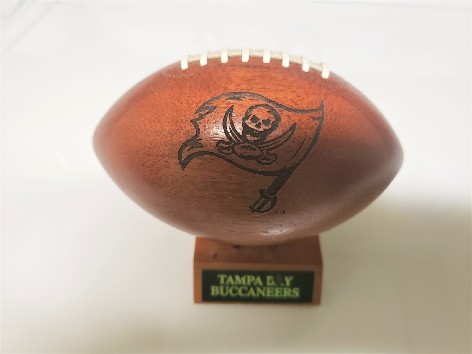 Tampa Bay Buccaneers NFL Laser Engraved Solid Wood Football w Stand 5″ x 3″ BUCS