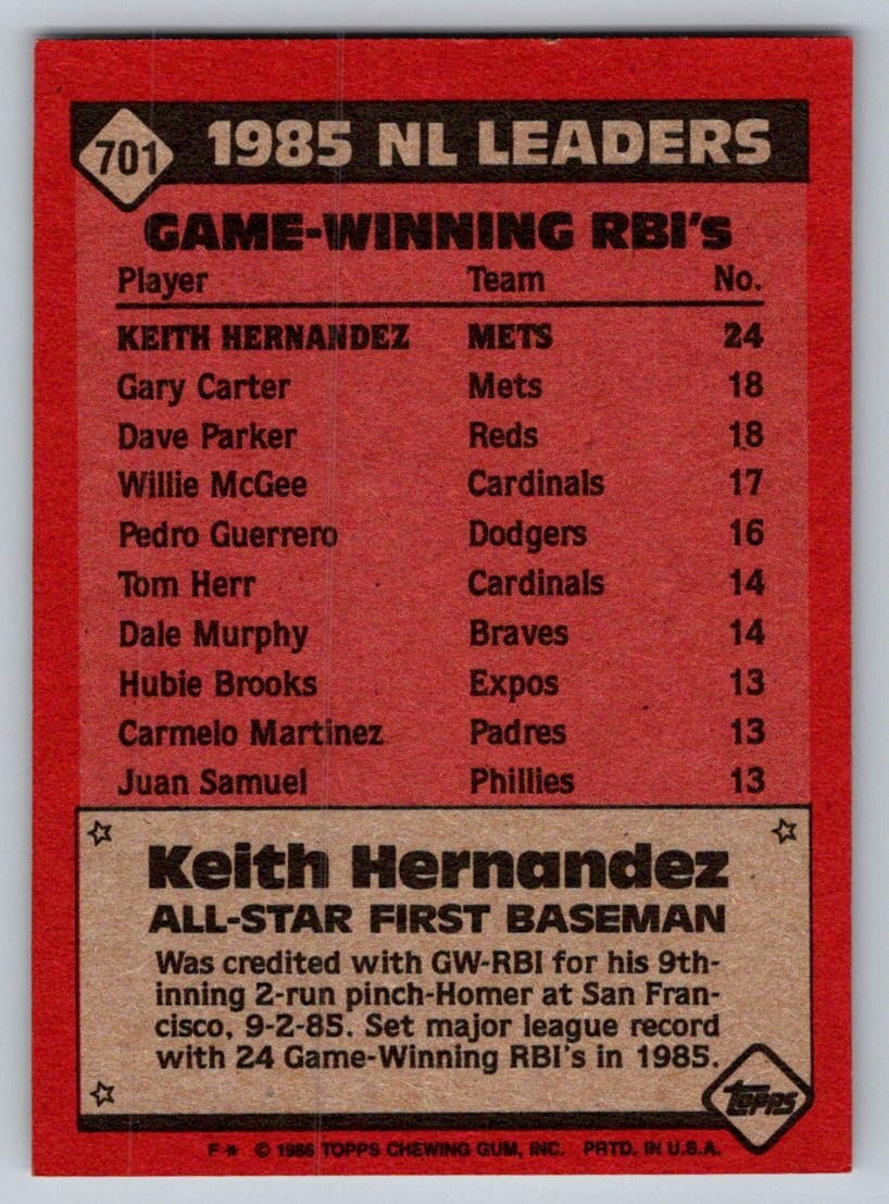 1986 Topps #701 Keith Hernandez