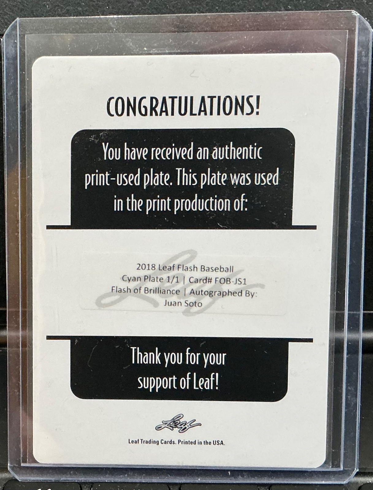 2018 Leaf Flash Juan Soto Auto Autograph Brilliance RC Printing Plate #d 1/1