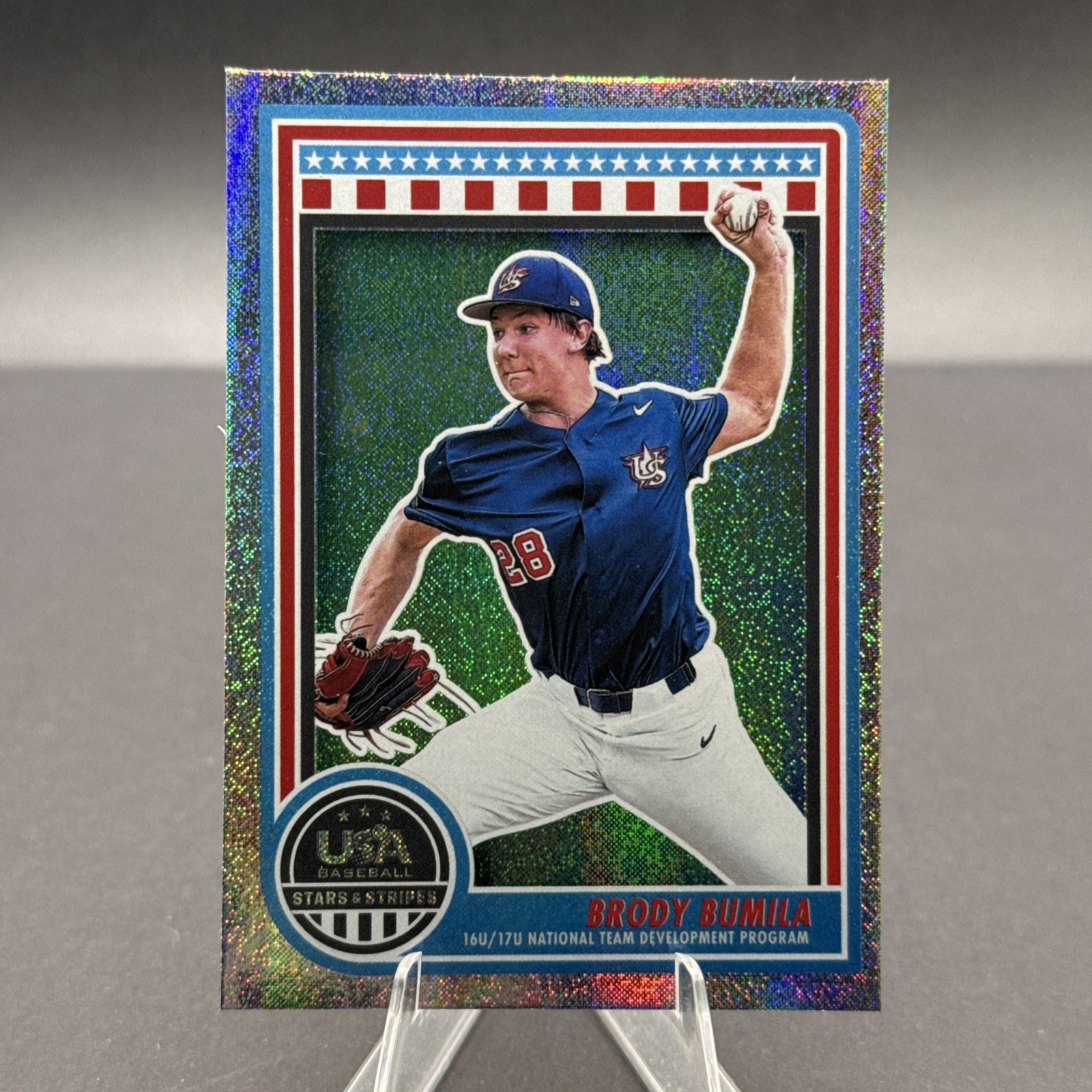 2025 Panini USA Stars & Stripes Blue Swirl Brody Bumila Silver Speckle Rookie