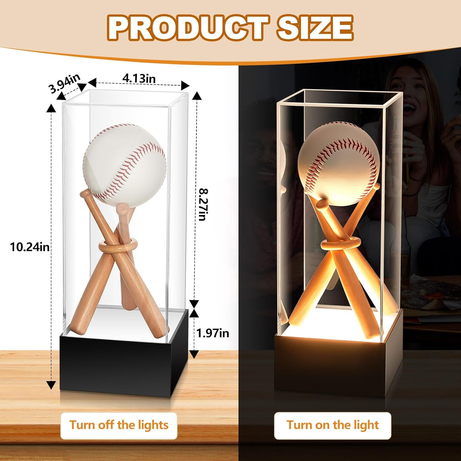 Baseball Display Case with LED Light Base Stand Holder, Wooden Sticks, UV Protec