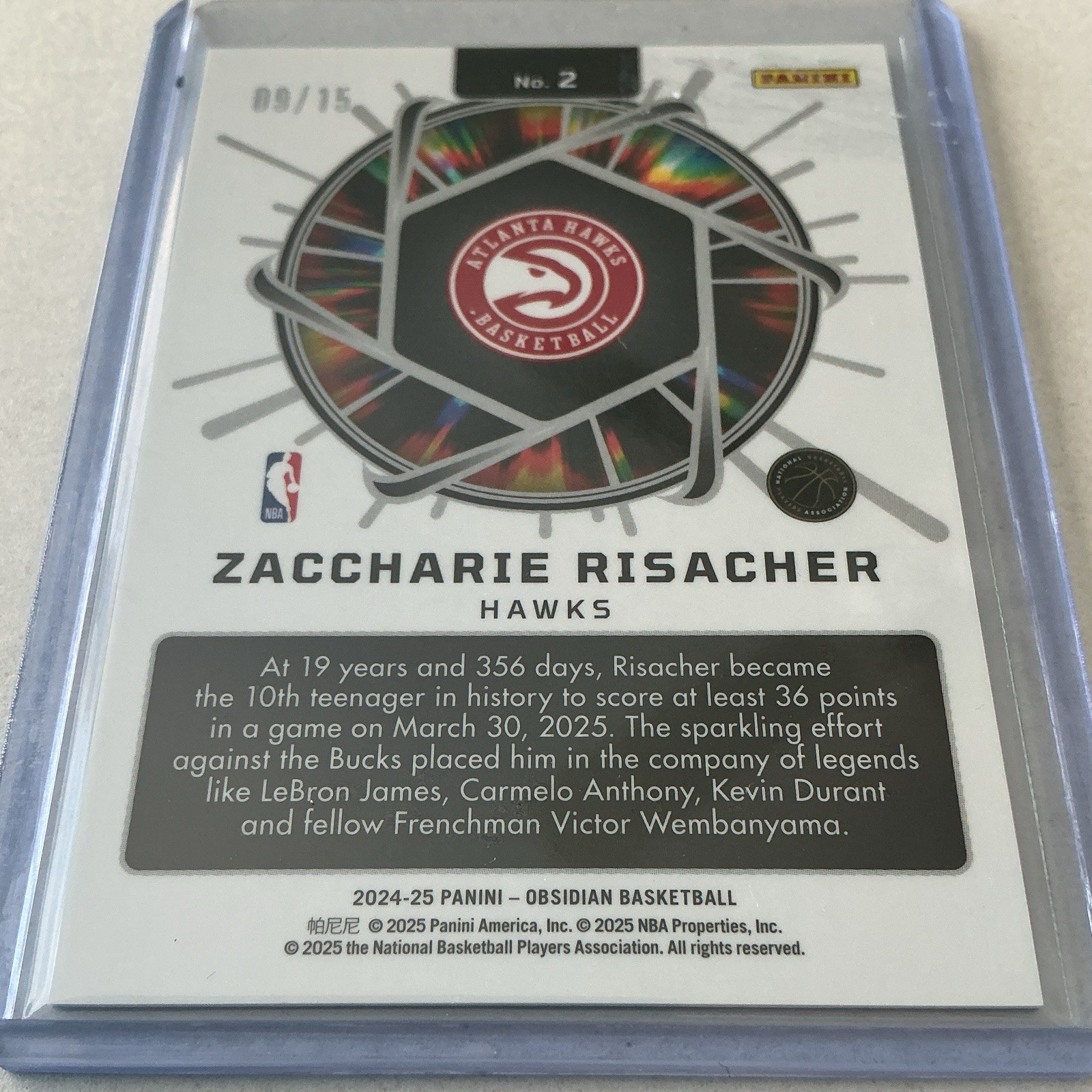 Panini 2024-25 Obsidian Zaccharie Risacher Supernova RC /15 #2 Hawks