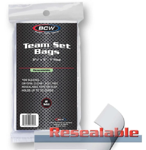 100 BCW Resealable Team Set Bags 3 3/8 x 5 Acid Free Archival Quality w/ 1″ Flap