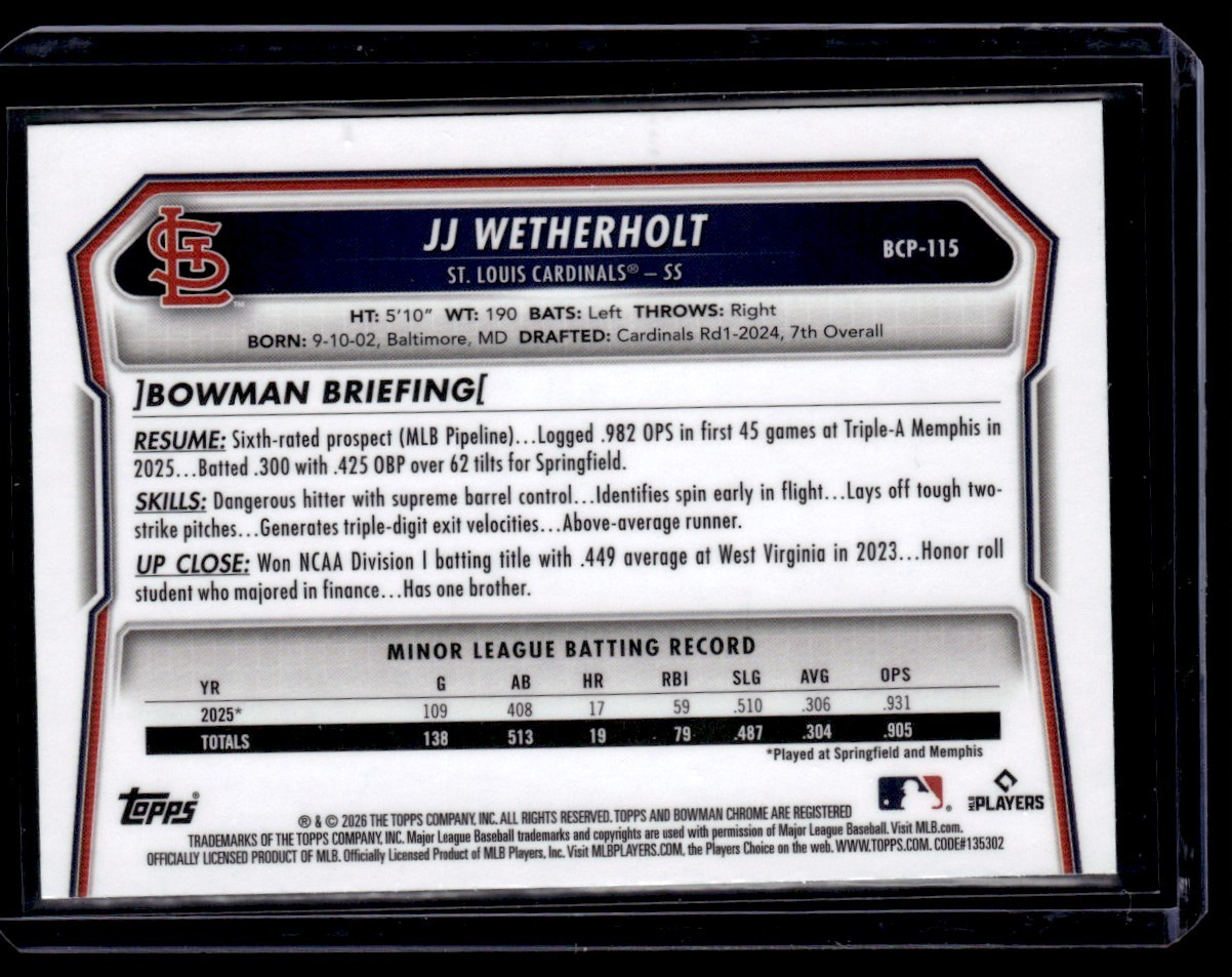 JJ WETHERHOLT 2026 BOWMAN CHROME PROSPECTS AQUA GEOMETRIC REFRACTOR 012/125 ST.