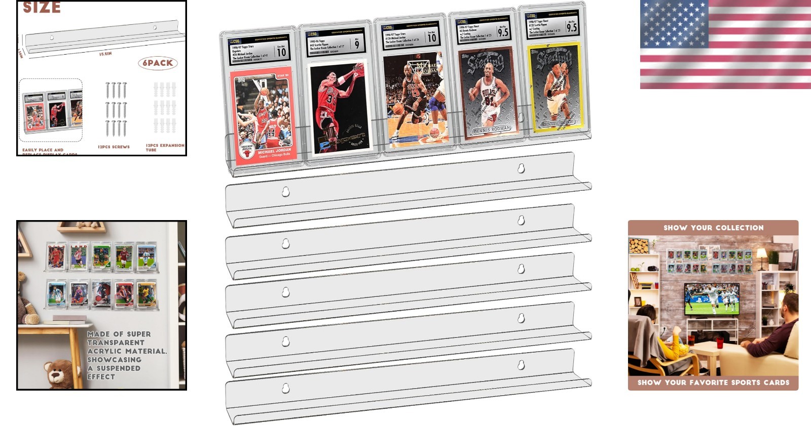 6 Pack Sport Card Display Shelf for Wall – Hold up to 30 Trading Cards, Acrylic