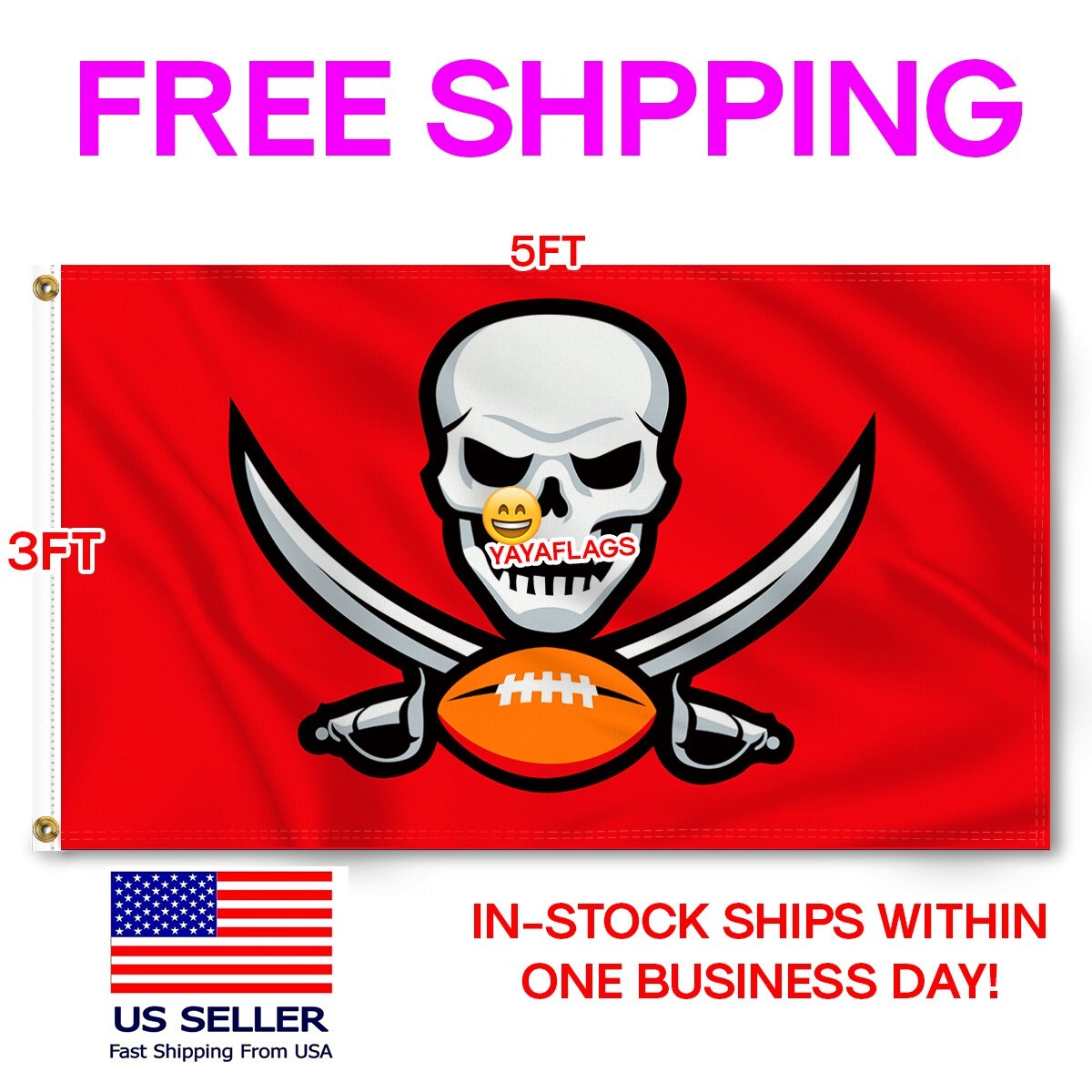 Tampa Bay Buccaneers 3X5 Foot Flag NFL Skull Logo Banner Us Seller Fast FREE Shi
