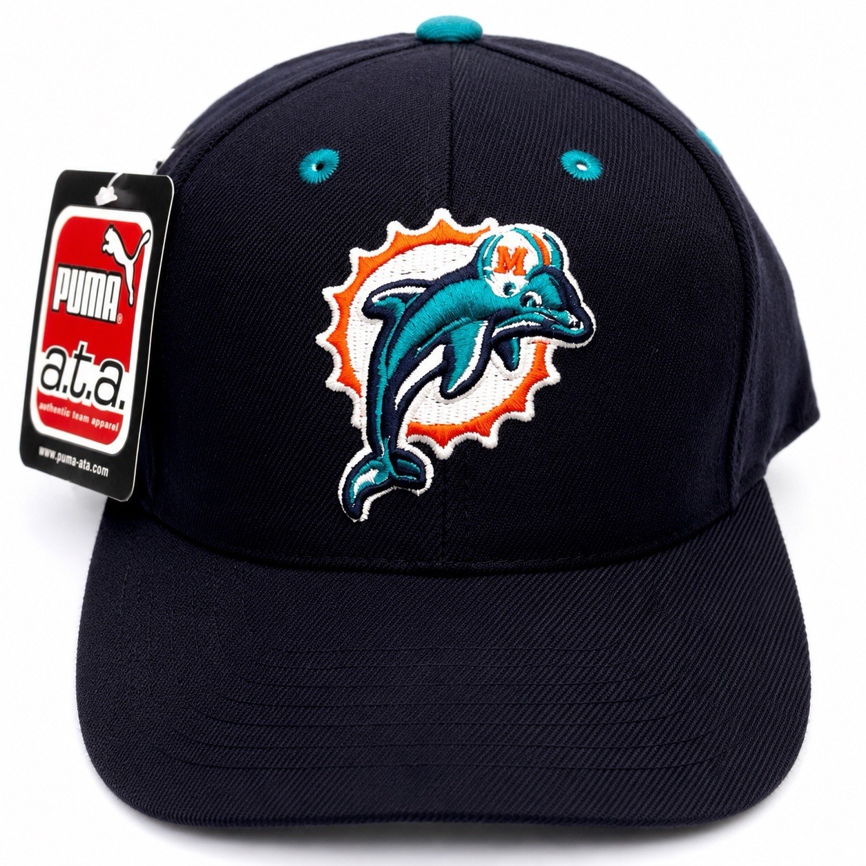 Vintage 90s Miami Dolphins Puma NFL Snapback Hat Navy Blue NOS Logo Cap Football