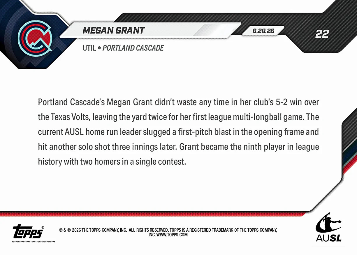 Megan Grant RC 1st Multi HR Game – 2026 AUSL Topps NOW – Card 22 Presale