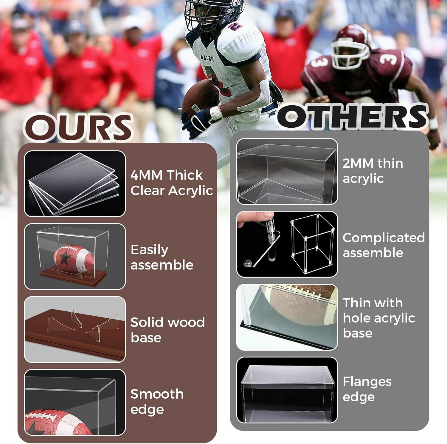 Football Display Case, Acrylic Football Display Box with Wooden Base, UV Protect