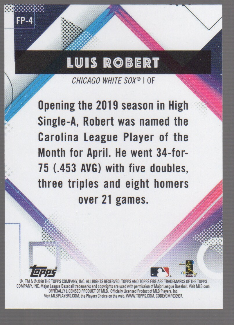 2020 Topps Fire Preview MLB LUIS ROBERT Rookie Card RC #FP-4 WHITE SOX