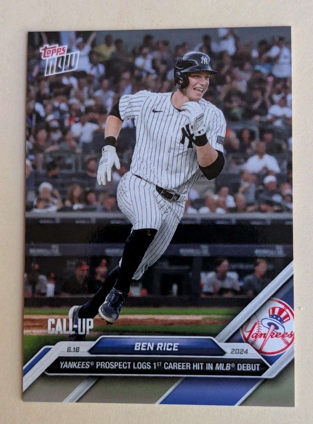 BEN RICE 2024 Topps Now Baseball #313 Call-Up Debut 1st Career Hit Card