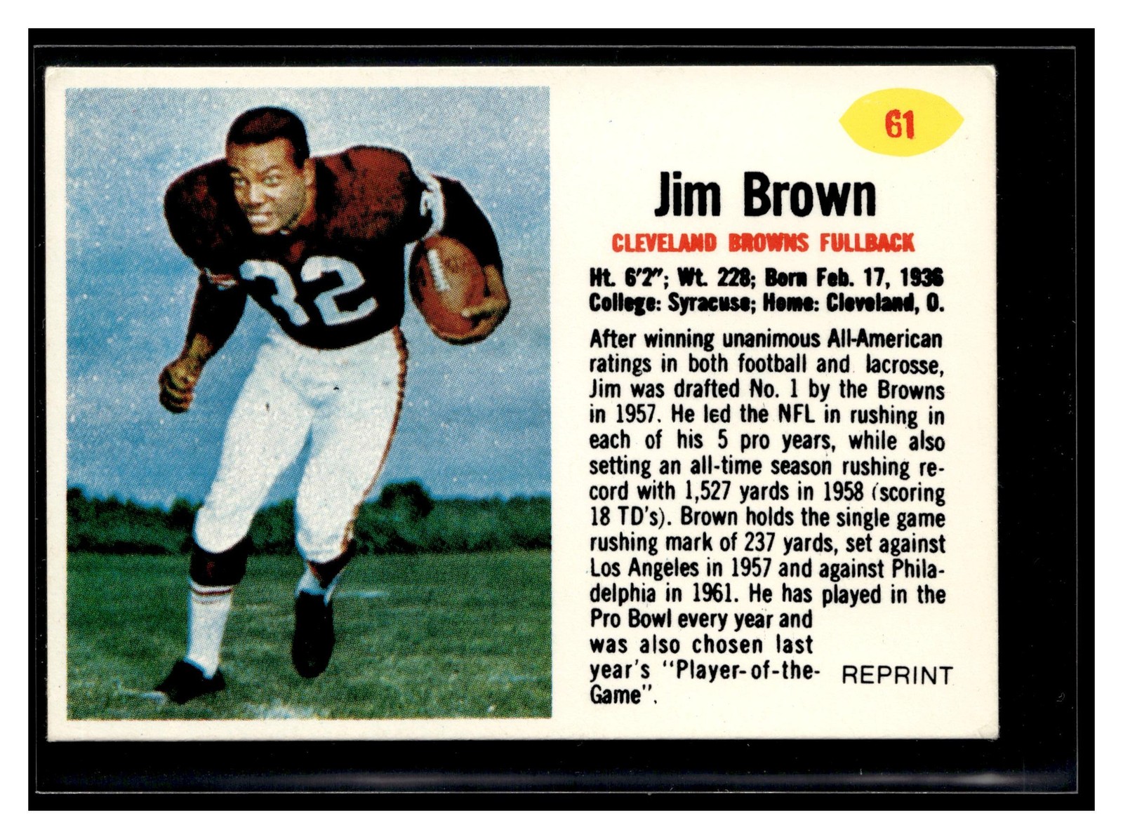 1987 Hygrade Football’s All-Time Greats Reprints #NNO Jim Brown 1962 Post Cereal