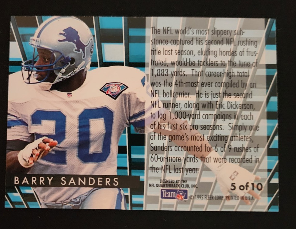 1995 FLEER GRIDIRON LEADER INSERT # 5 of 10 BARRY SANDERS DETROIT LIONS INSERT
