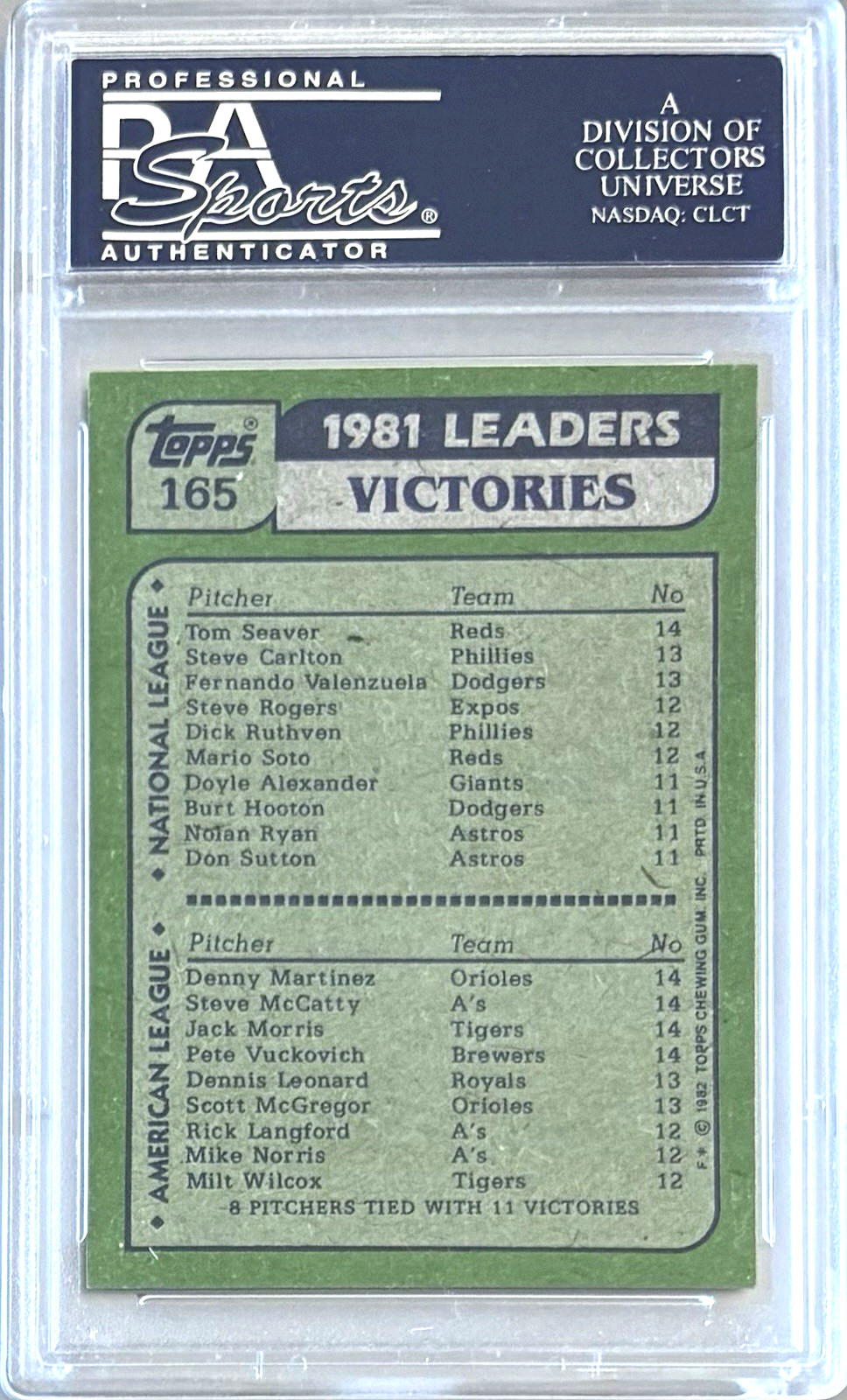 1982 TOPPS #165 TOM SEAVER/JACK MORRIS/D. MARTINEZ PSA 10 GEM MT VICTORY LEADERS