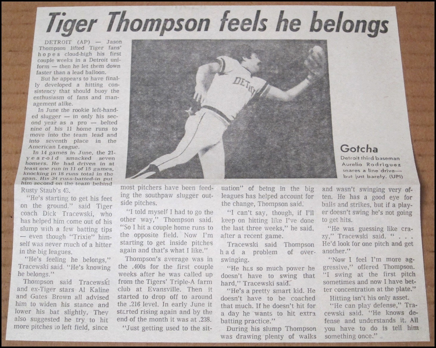 1976 Detroit Tigers Newspaper Article Jason Thompson Rookie RC Aurelio Rodriguez