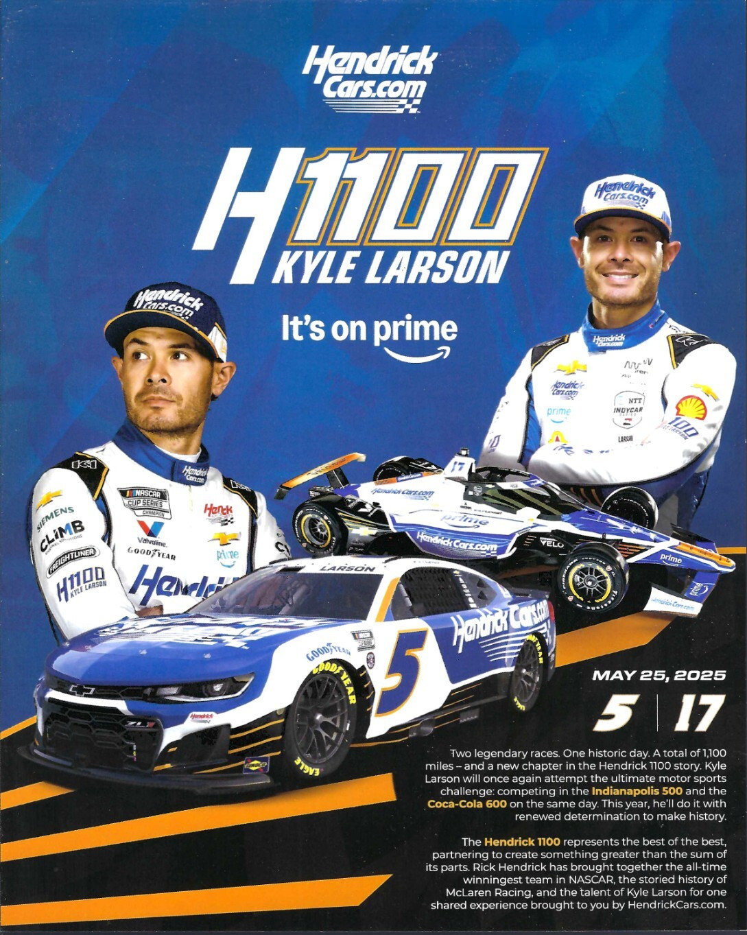 2025 KYLE LARSON “H1100 HENDRICK CARS.COM” DOUBLE DUTY INDY / CUP POSTCARD
