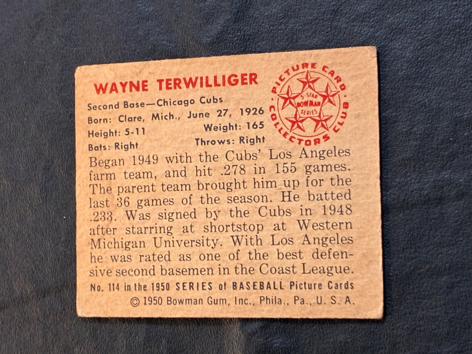 1950 Bowman Wayne Terwilliger #114 (RC) – No Creases – Unknown Stain Right