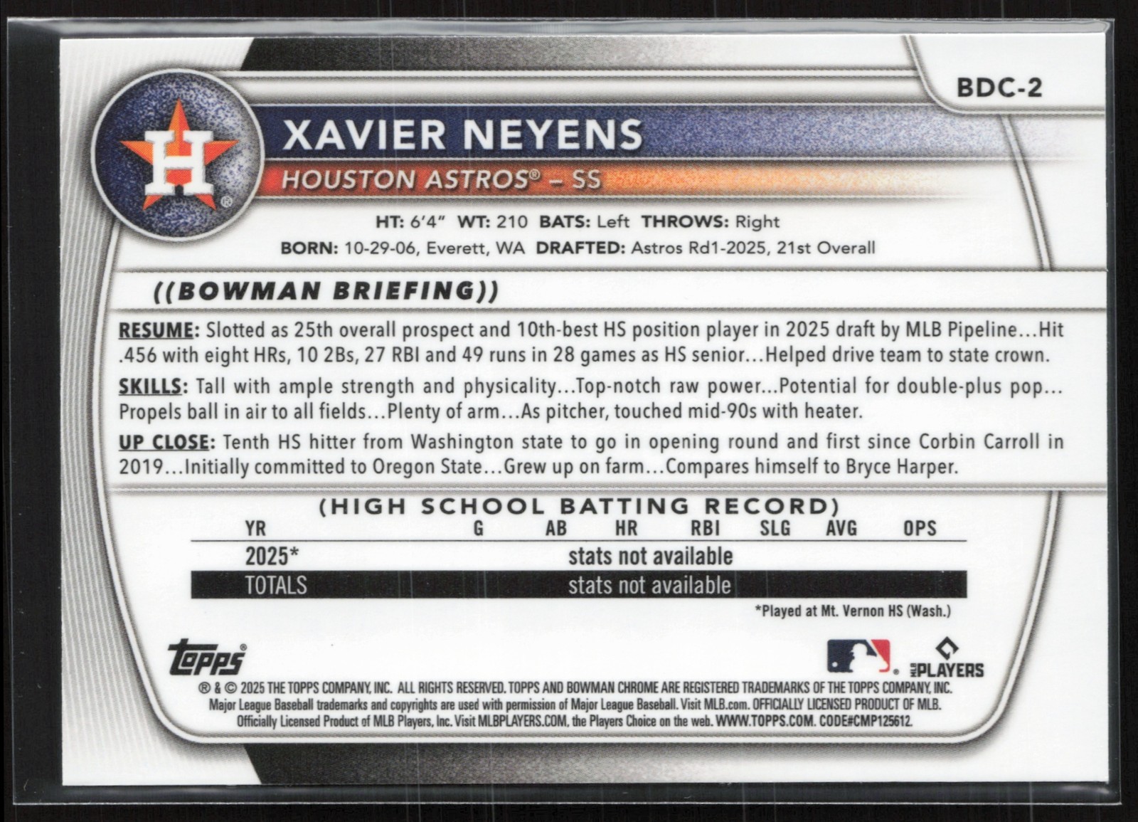2025 Bowman Draft Xavier Neyens Chrome Houston Astros #BDC-2 1st Prospect