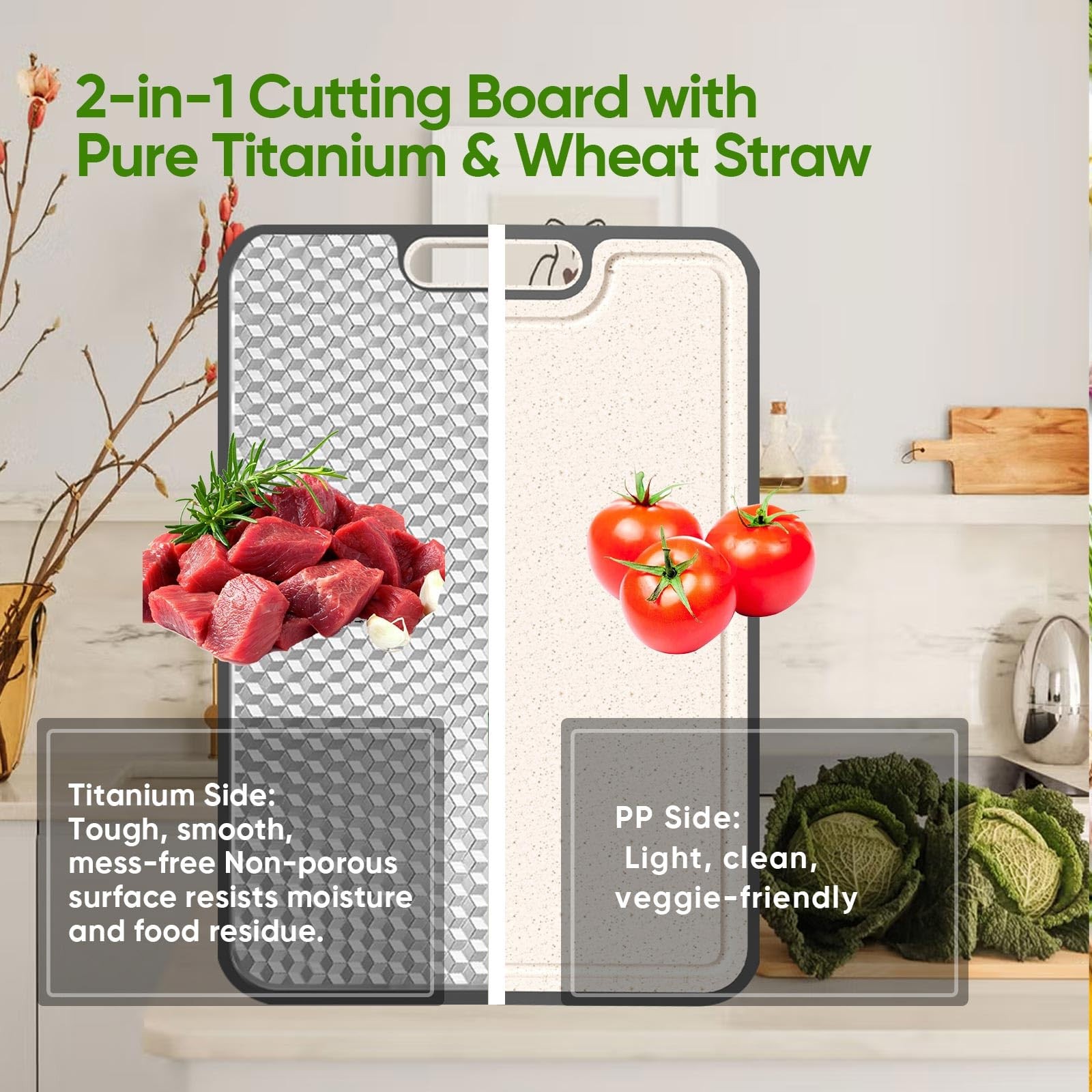 Titanium Cutting Board, Double Sided Medical-grade, 15.2″L x 10.4″W, Silver