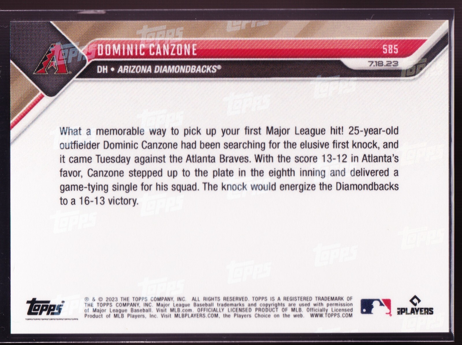 Dominic Canzone Diamondbacks Call-Up vs Braves 2023 Topps Now #585 SP Base RC