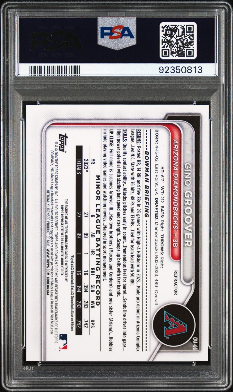 LuJames Gino Groover 2024 Bowman Chrome Refractor 1st Auto /499 PSA 9