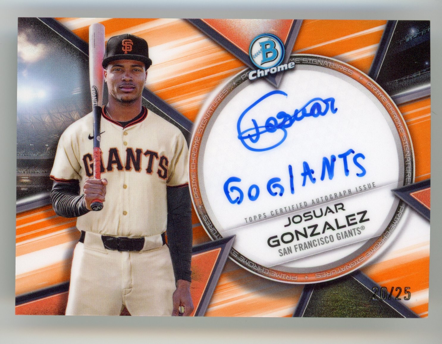2025 BOWMAN CHROME JOSUAR GONZALEZ AUTO /25 ORANGE REFRACTOR PRIME #PCS-JD GIANT