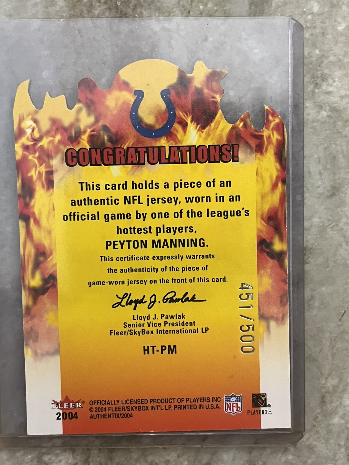 Peyton Manning Authentic Fleer Hot Ticket Game Worn Jersey Card 451/500
