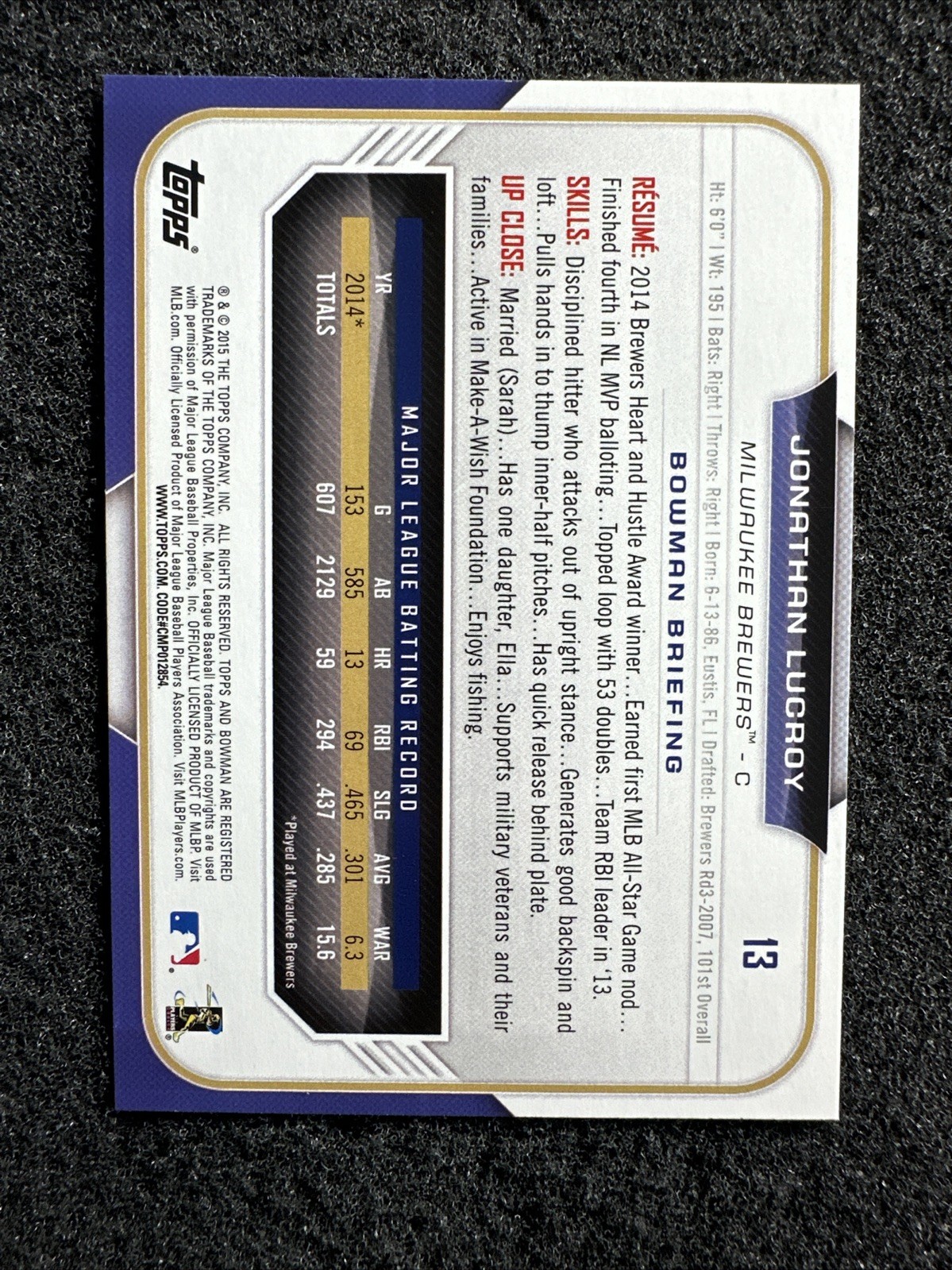 JONATHAN LUCROY #13 2015 Bowman Baseball QTY Milwaukee Brewers