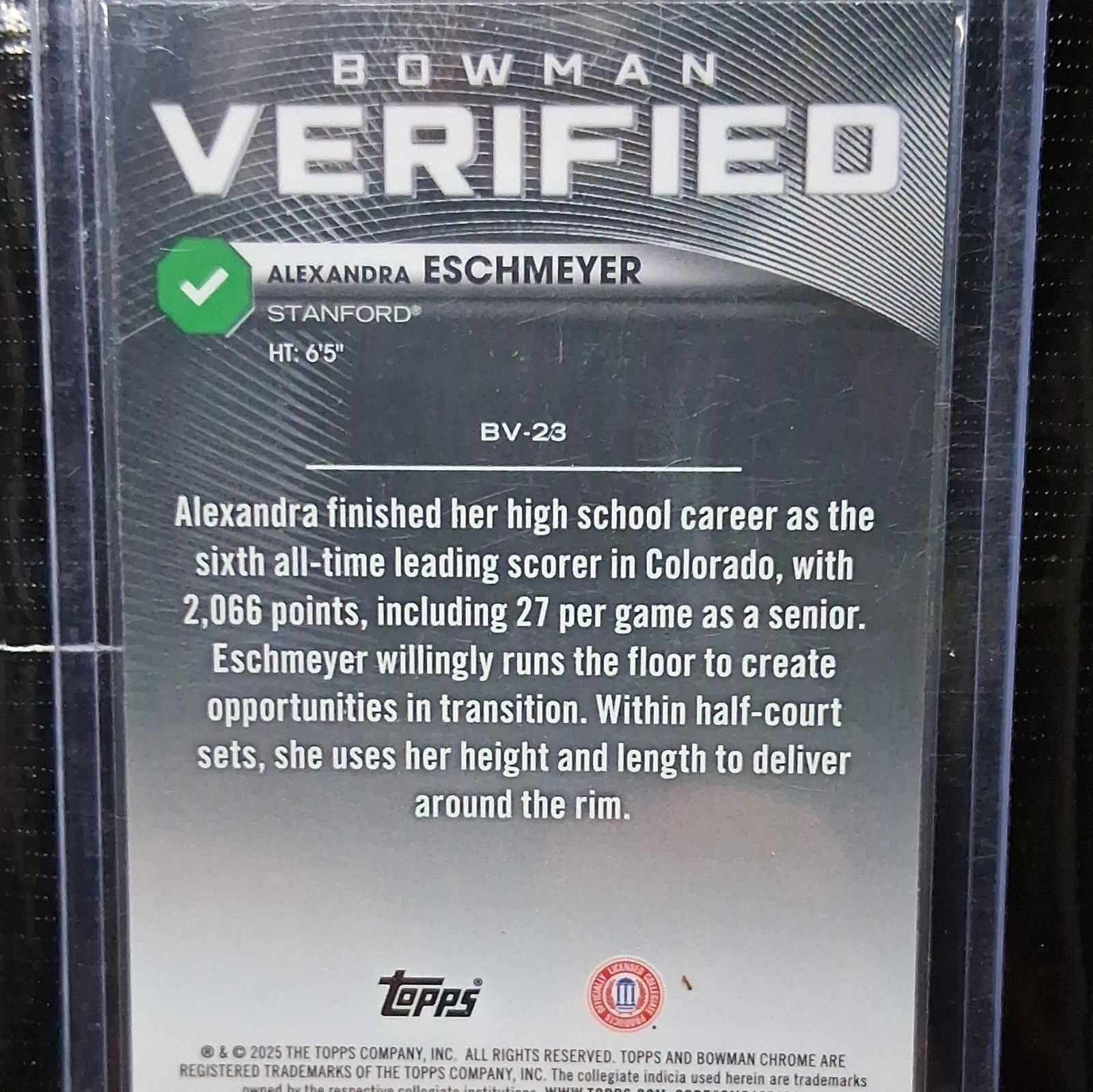 Topps 2025-26 Bowman Chrome Bowman Verified #BV-23 Eschmeyer Stanford /150 RC