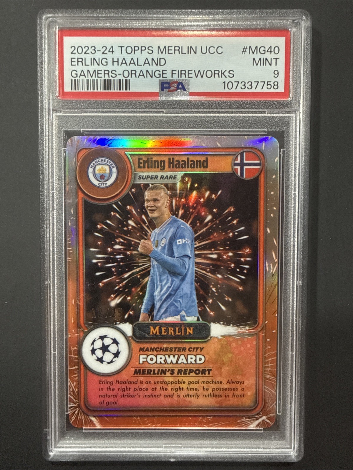 2023-24 Topps Merlin ERLING HAALAND Gamers Orange Fireworks SSP 12/25 PSA 9 🧨🔥