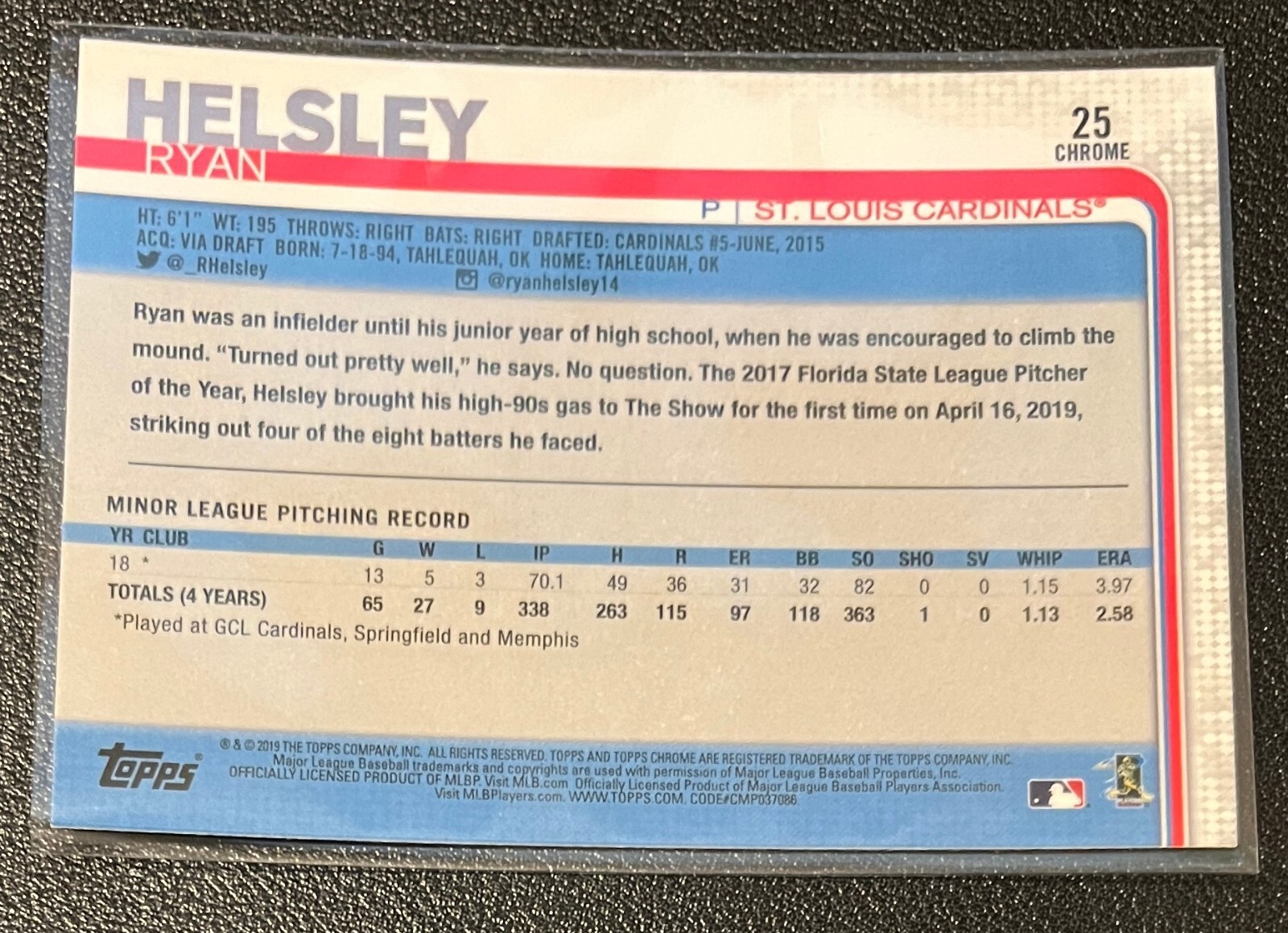 2019 Topps Chrome Rookie #25 RYAN HELSLEY St. Louis Cardinals RC A1