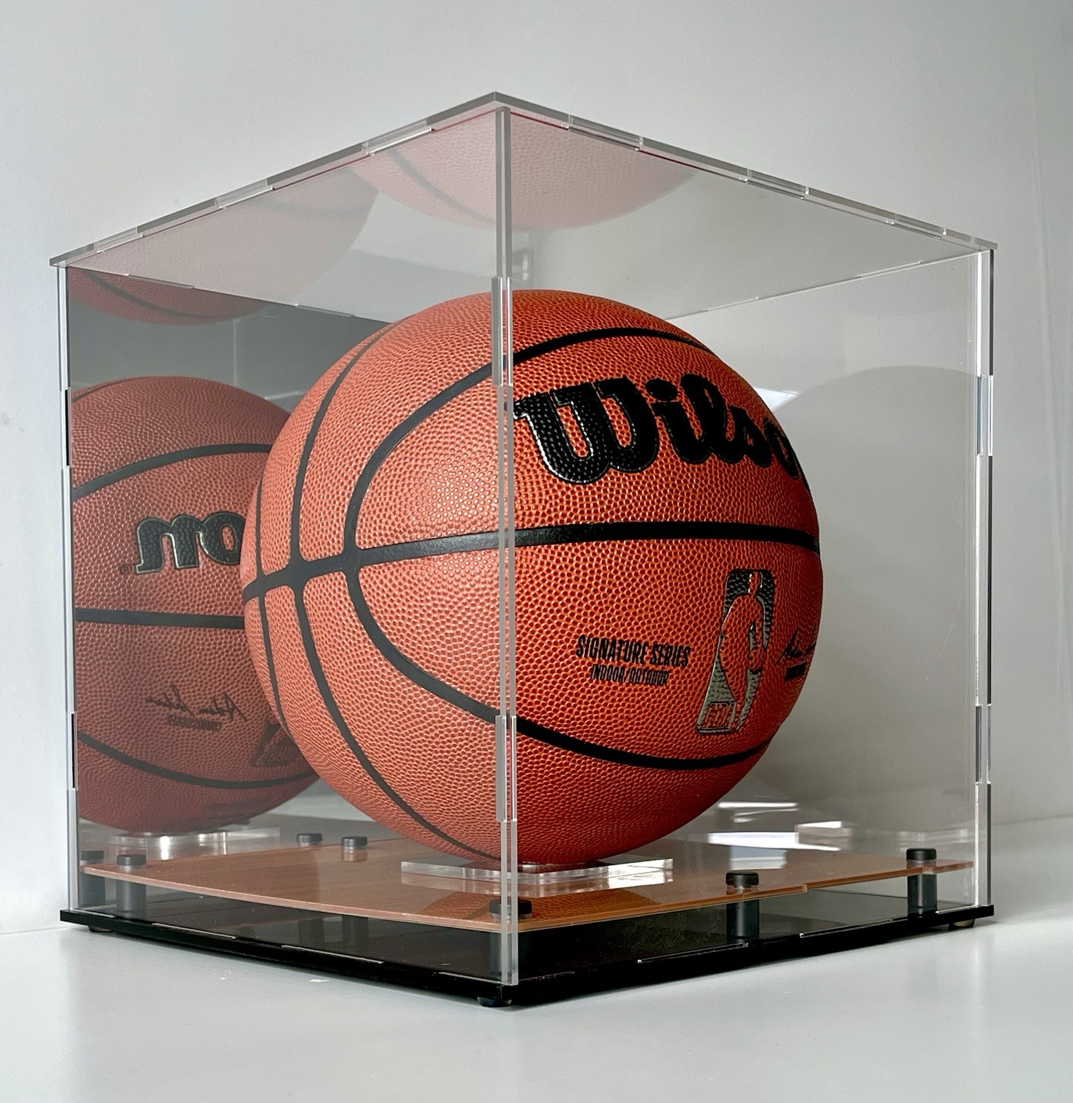 Full Size Basketball Display Case w/ Acrylic Wood Court Base & Mirror Back